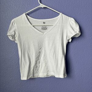 White V Neck Crop Top Fitted Elastic Sleeve Trendy Basic XS Slim Fit Preppy Tee